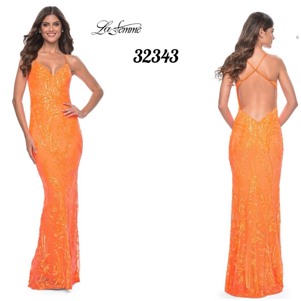La Femme Prom 32343 Neon Orange Fitted Print Sequin Backless Prom Dress Sz 2
